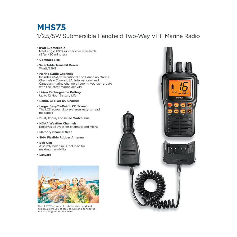 Uniden MHS75 Submersible Handheld Marine Radio – Uniden Online Store  Bearcatwarehouse